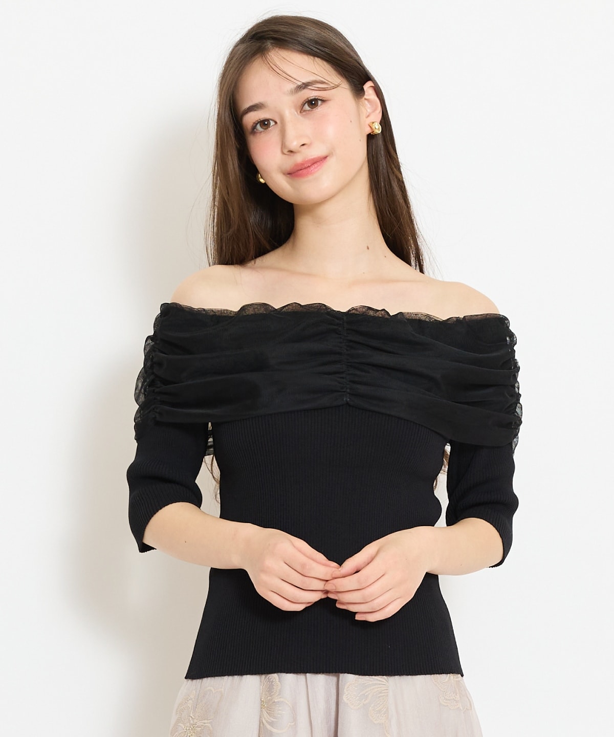 リボンチュールレイヤードリブニット