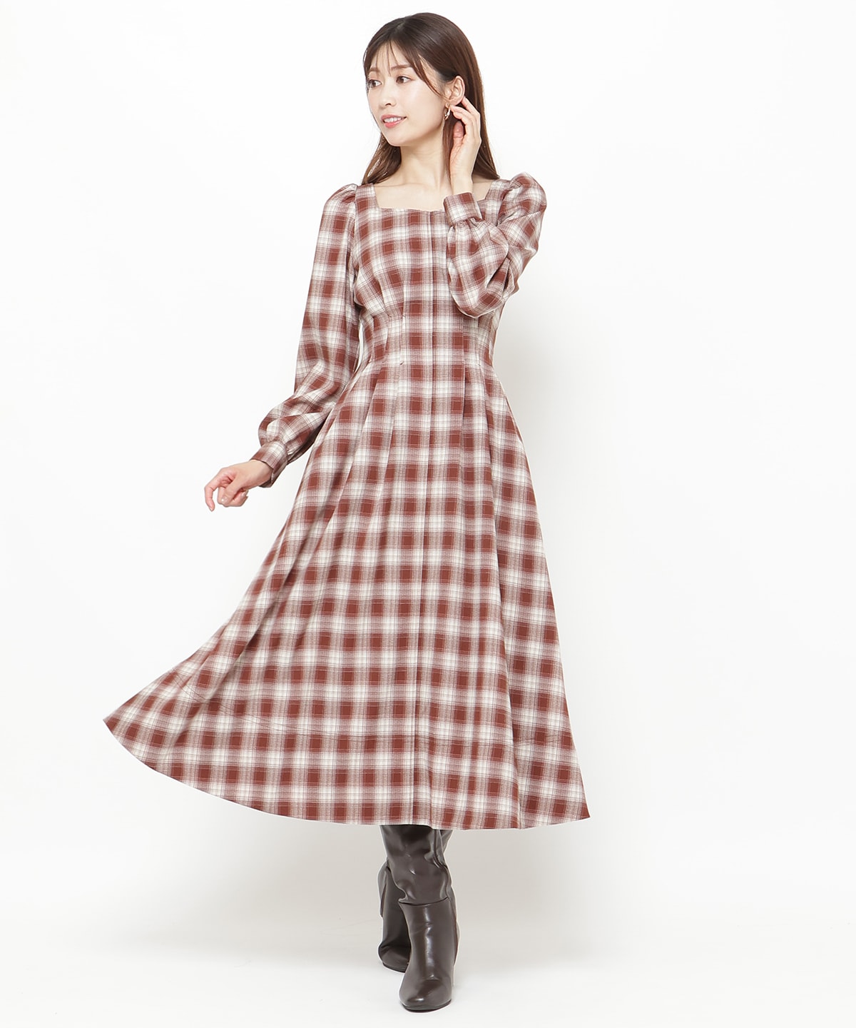 チェックウエストタックワンピース