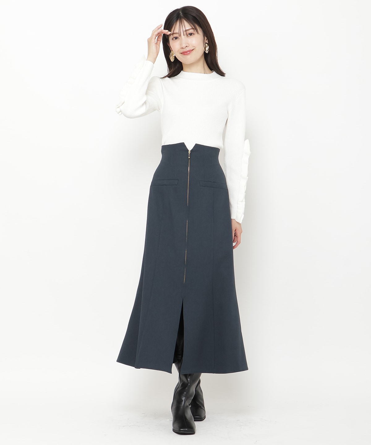 袖フリルハイネックリブニットプルオーバー