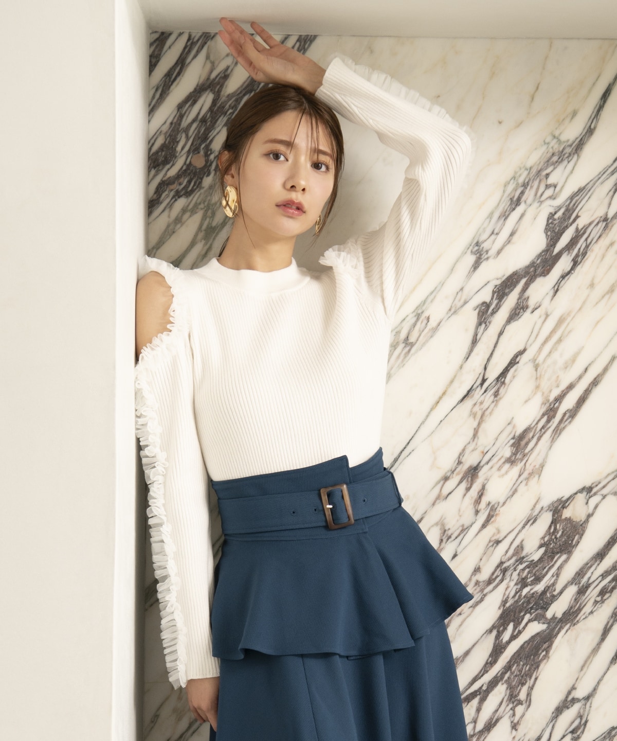 チュールフリルオフショルニットプルオーバー