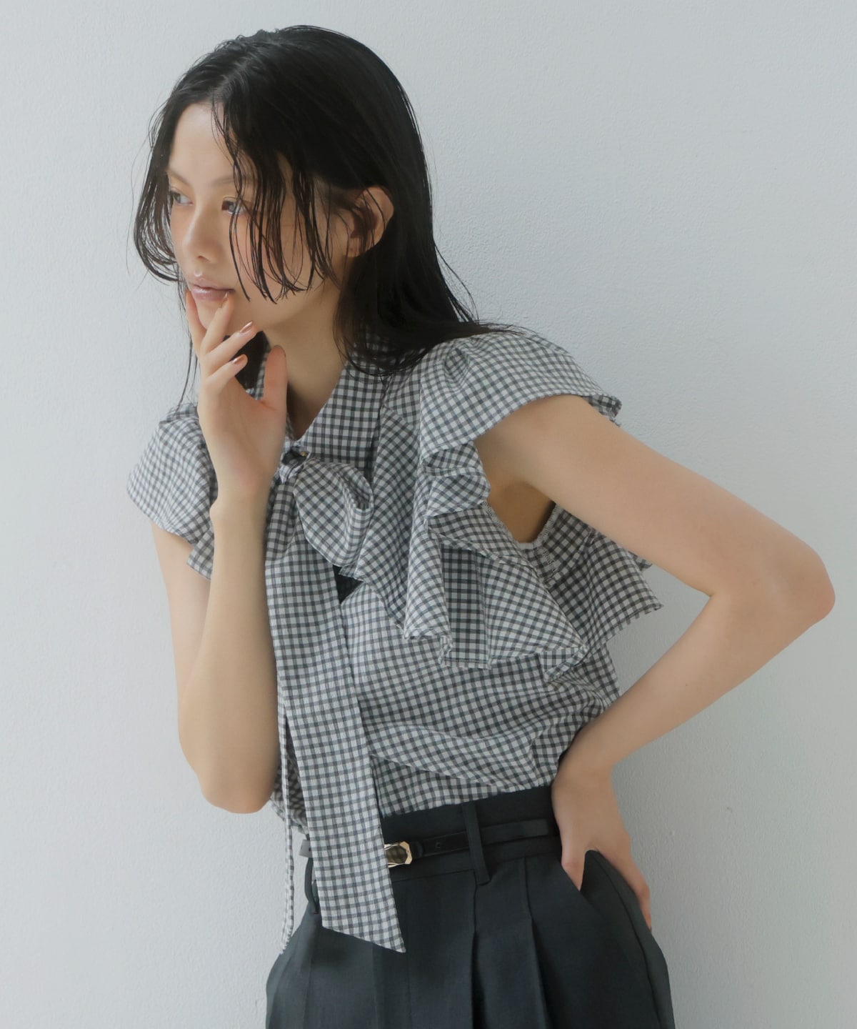 ギンガムサッカーフリルブラウス