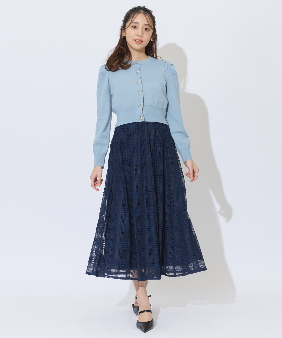 ウエストリブメッシュチェックロングスカート