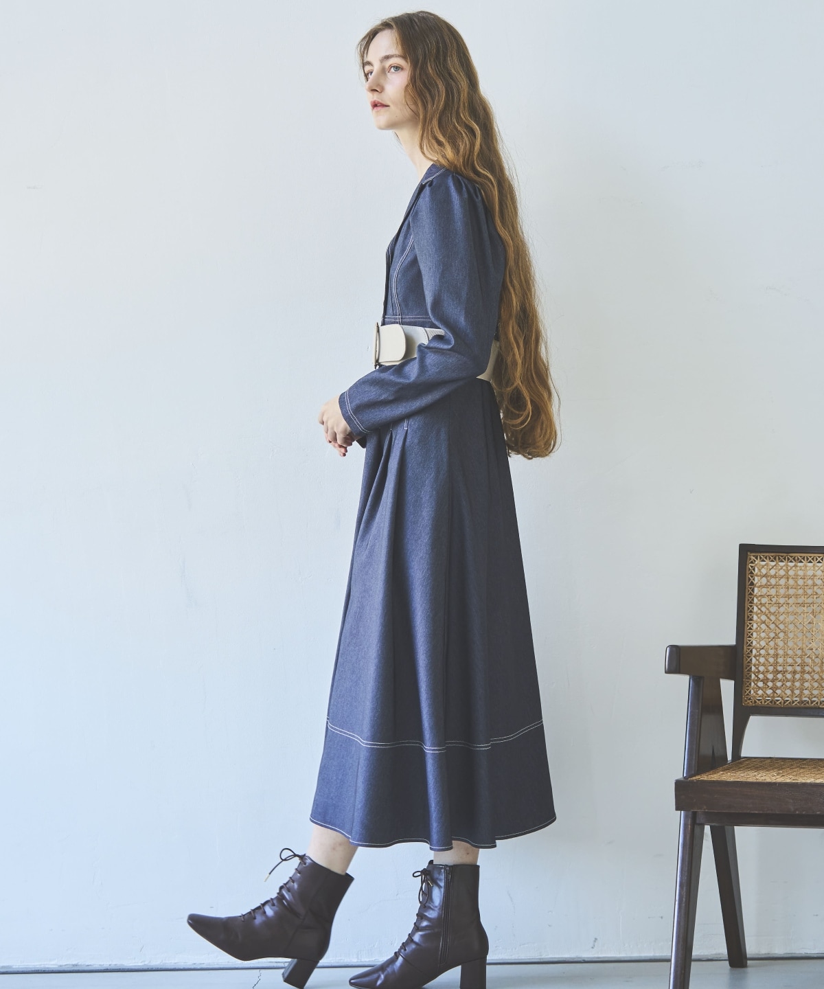 デニムライク前ボタンワンピース