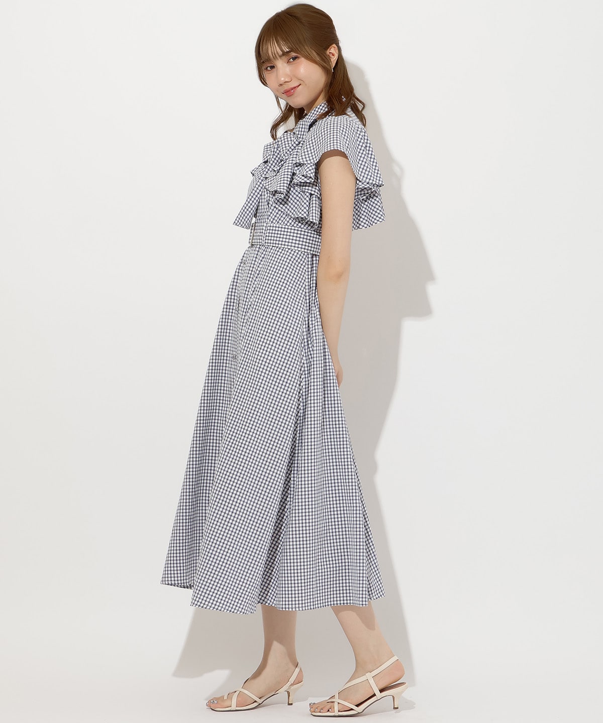 袖フリルチェックシャツワンピース
