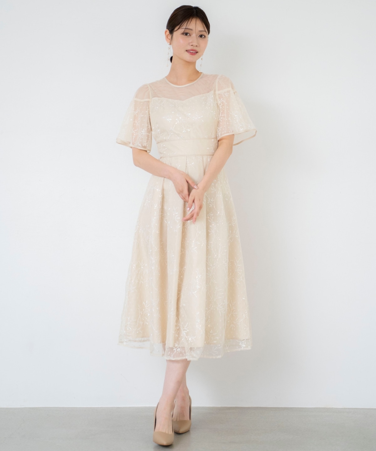 小花柄刺繍ドットチュールドレス