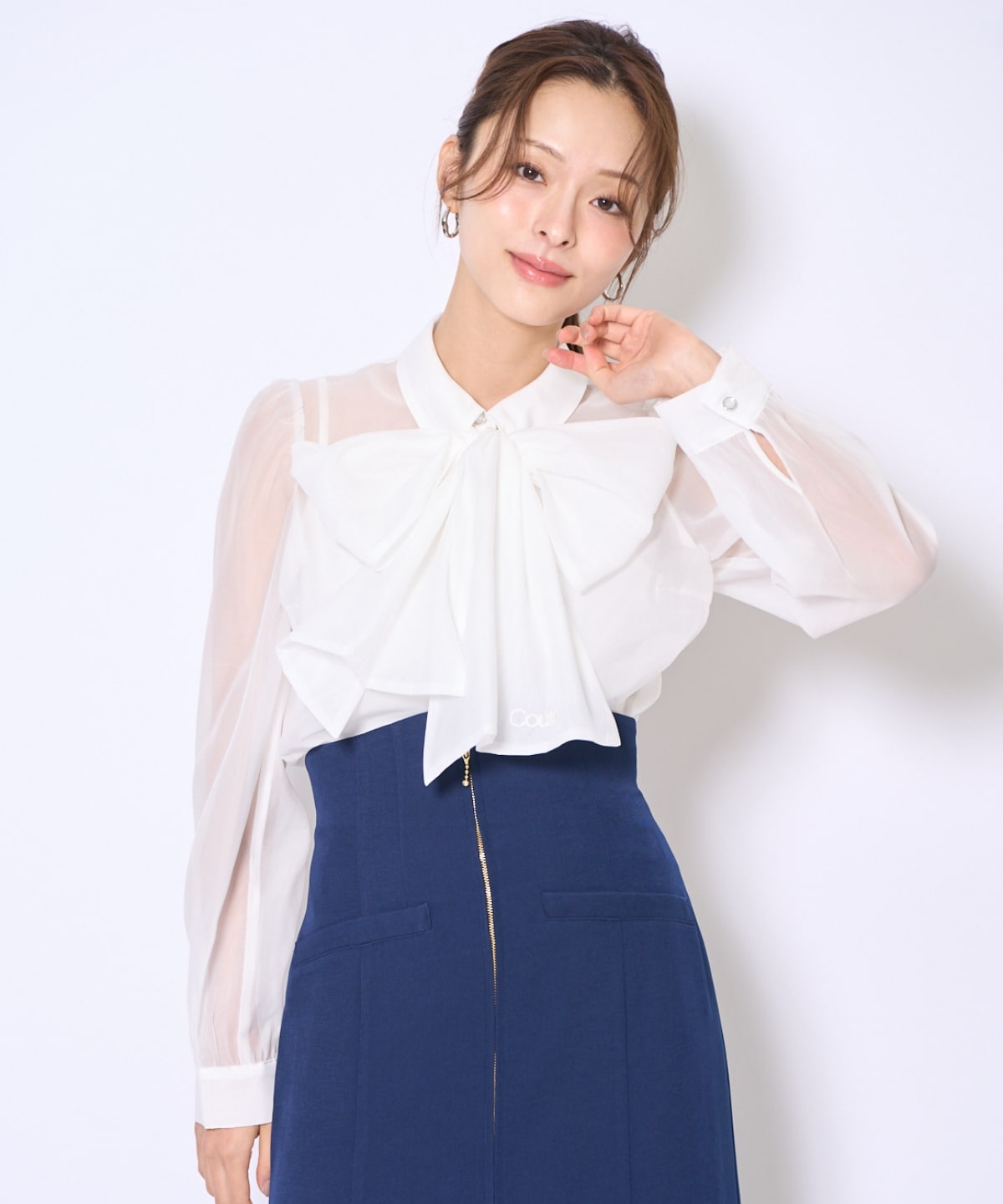 バタフライリボンシアー長袖ブラウス