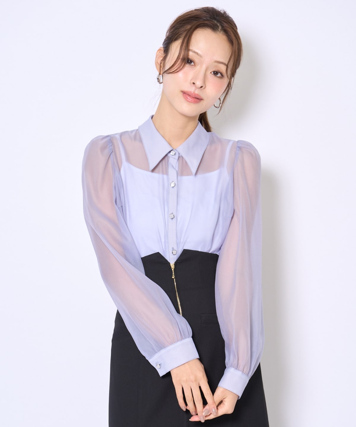 バタフライリボンシアー長袖ブラウス