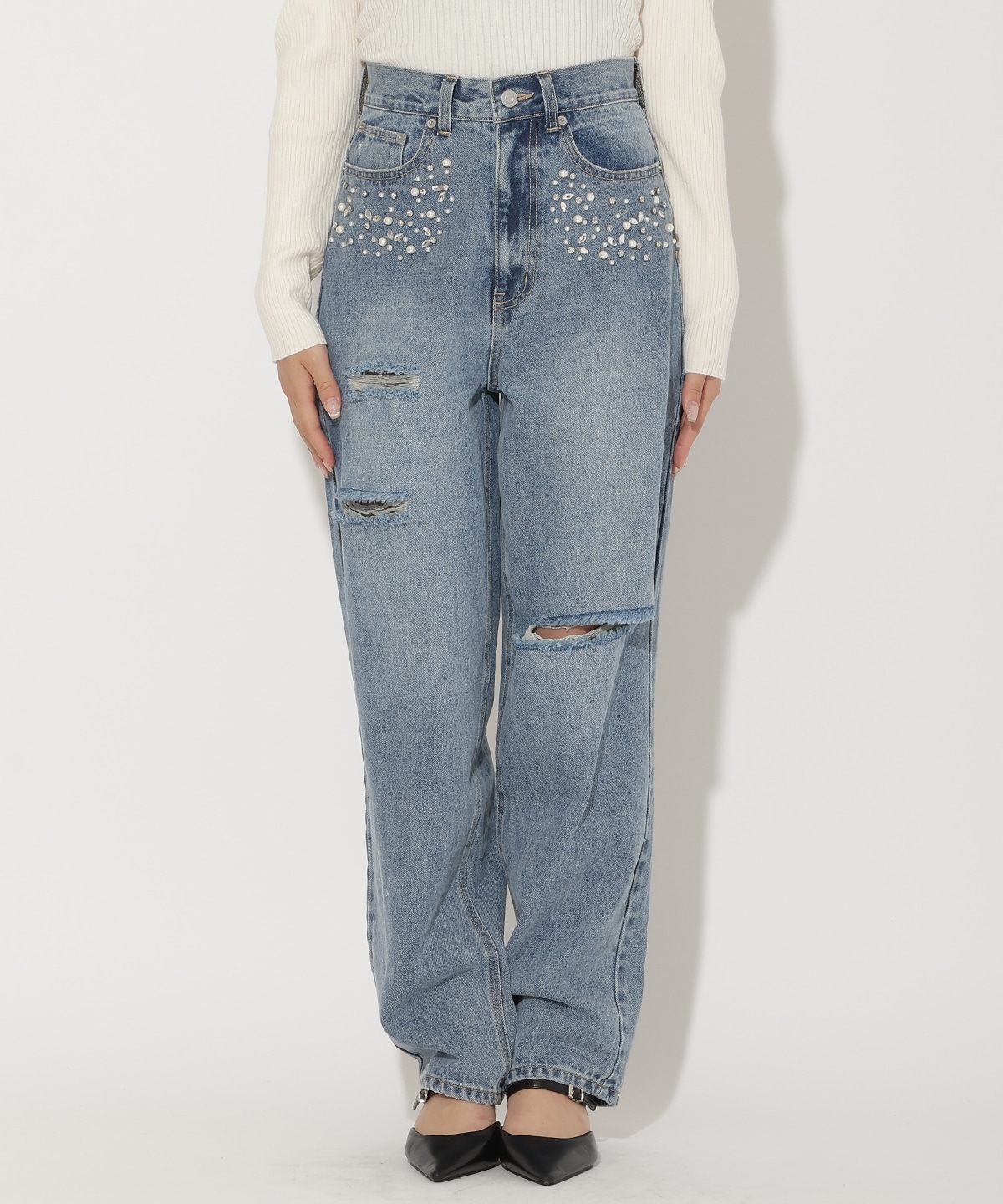 パール×ビジューダメージデニム