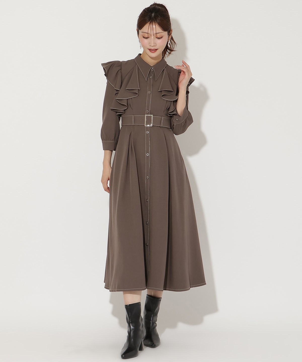 フリルケープ7分袖ワンピース