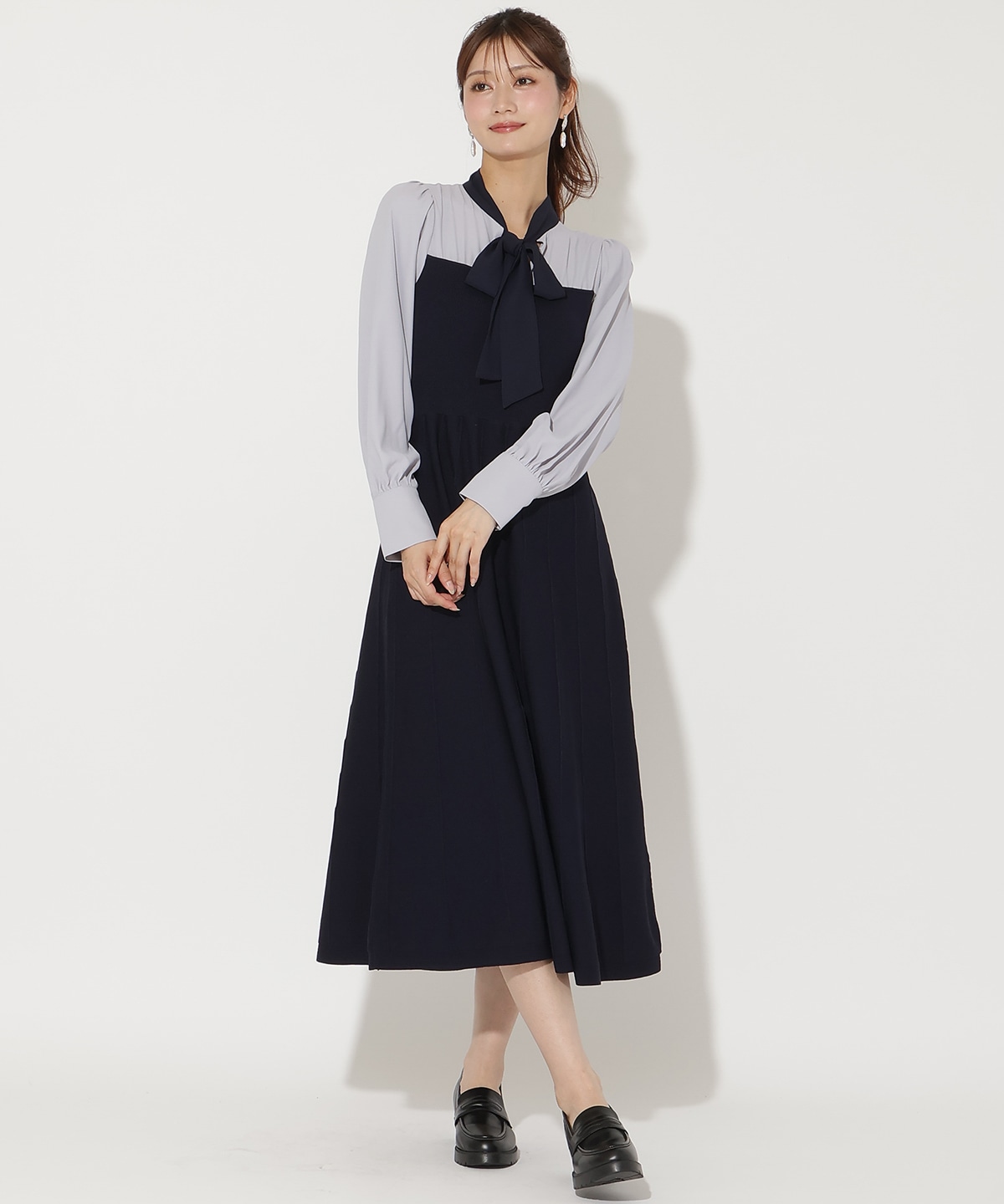 ニットビスチェ風リボンタイワンピース