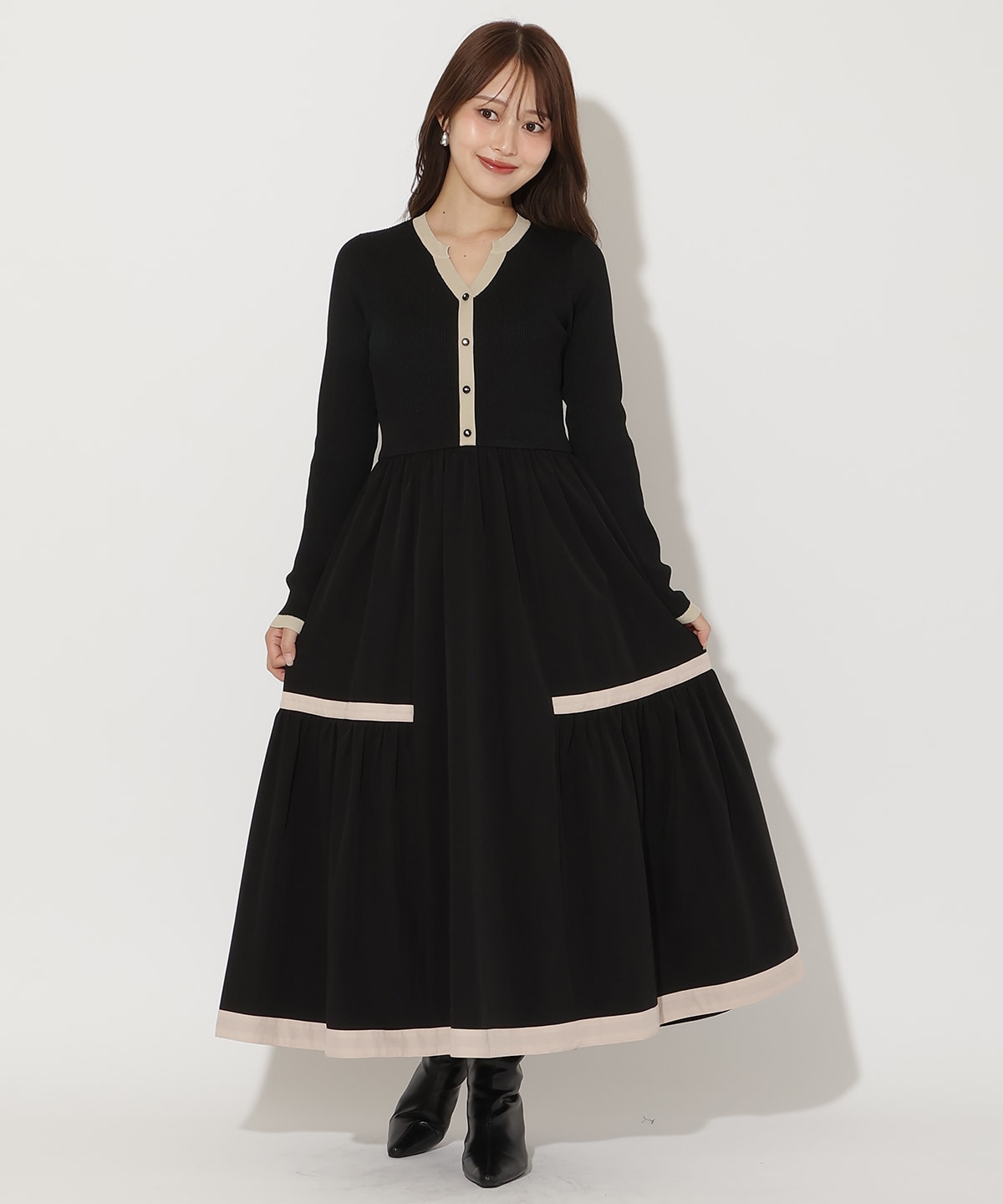 配色ニットドッキングワンピース