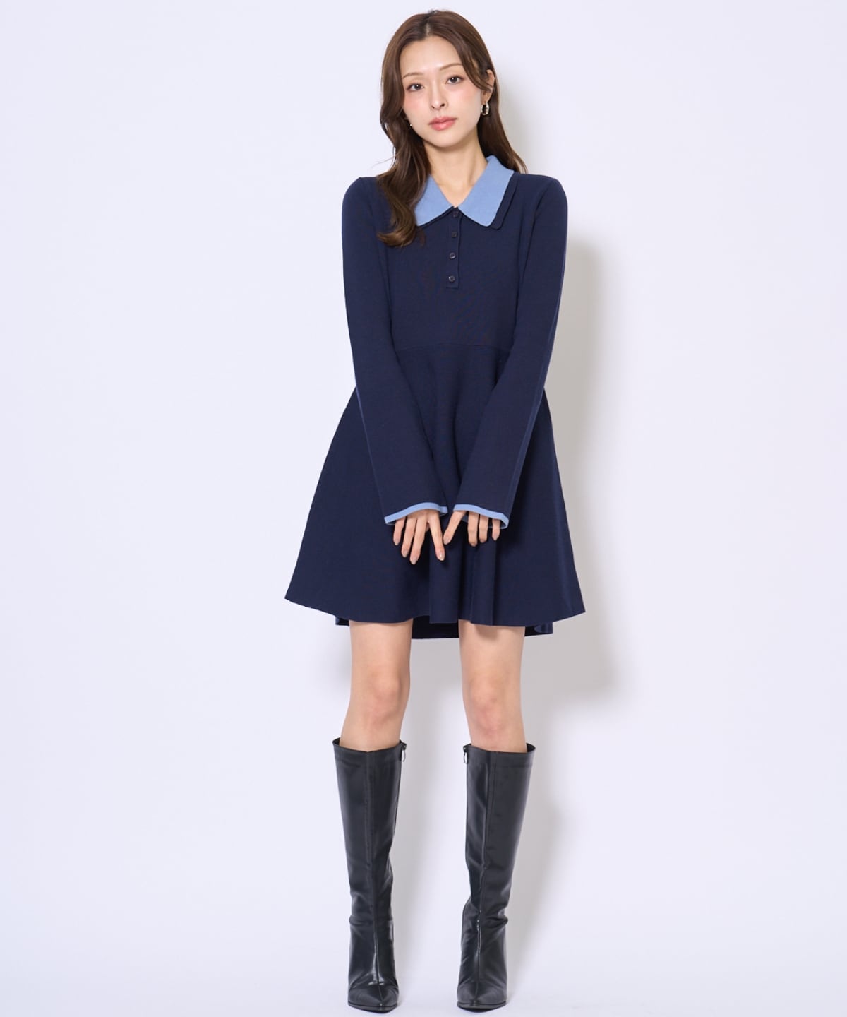 バイカラーポロニットフレアミニワンピース