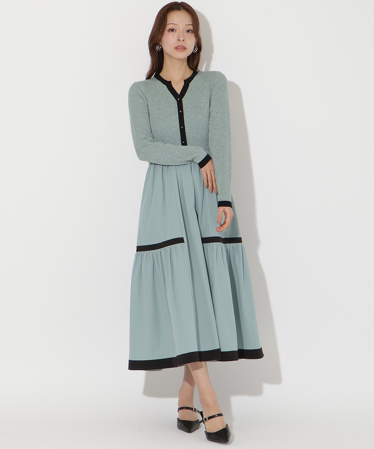 ラメ入り配色ドッキングワンピース