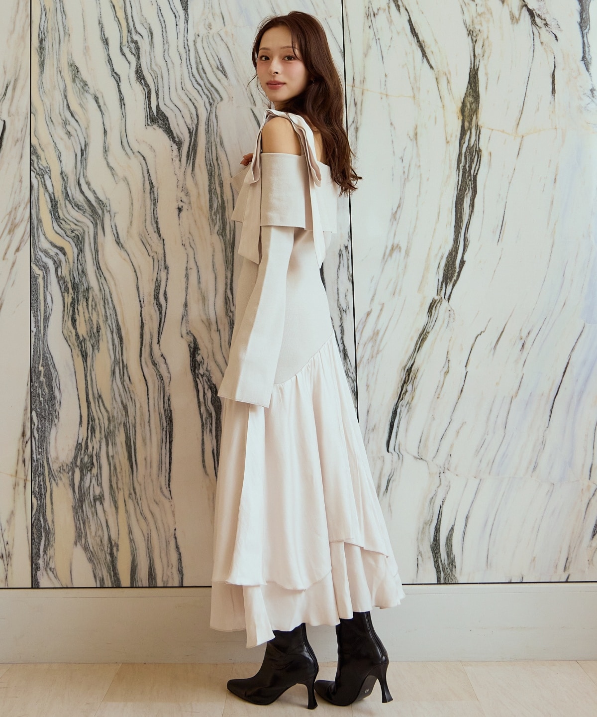 ショルダーリボンニットドッキングワンピース