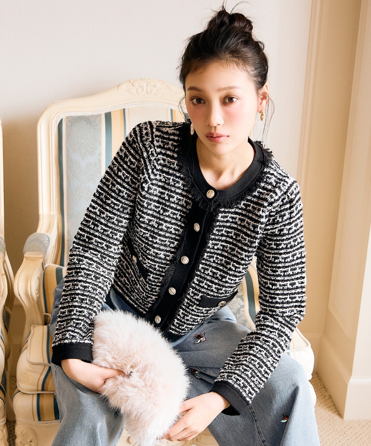 ツイードライクニットカーディガン