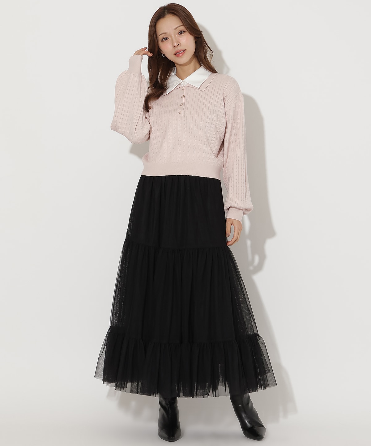 シャツ襟ケーブルニット