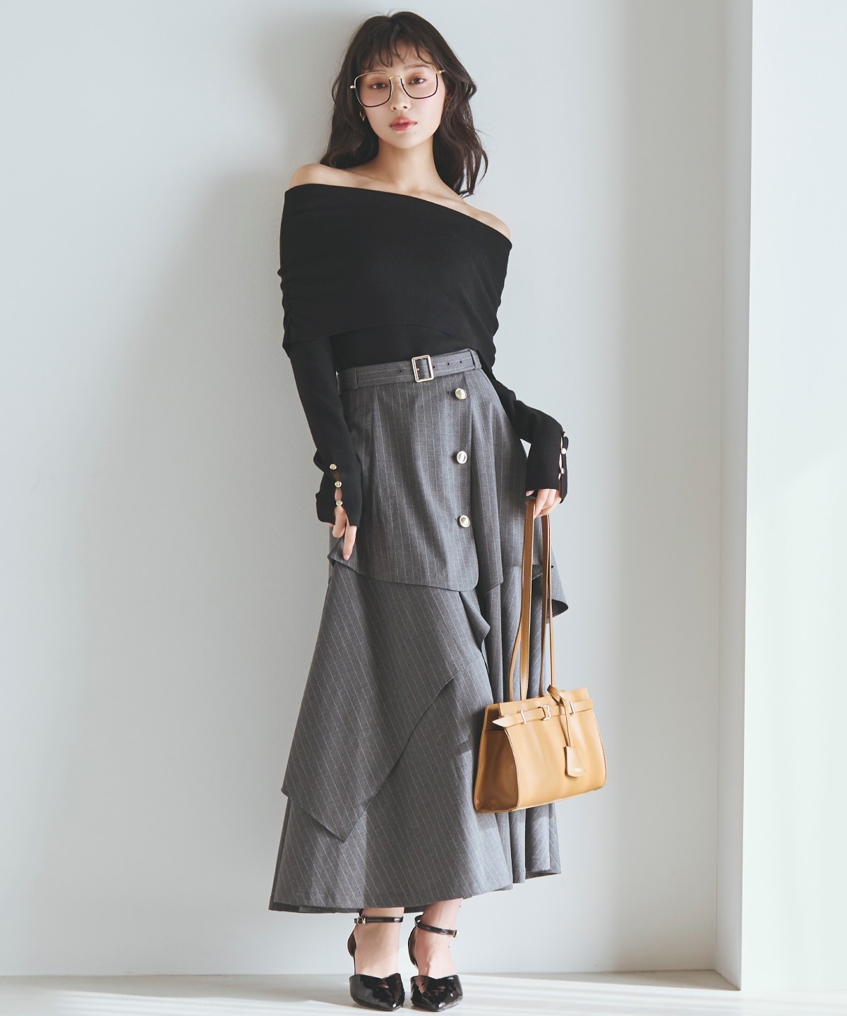 【先行予約受付中】ベルト付きレイヤードデザインフレアスカート