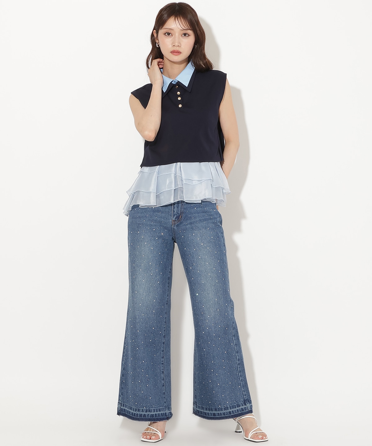ラインストーンフレアデニムパンツ