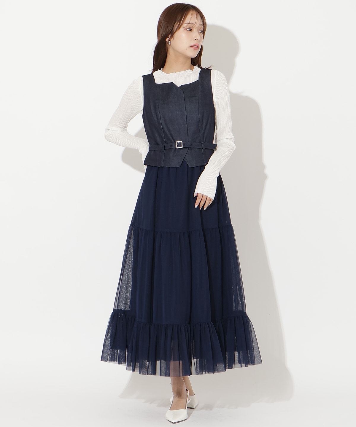 異素材ドッキングチュールワンピース