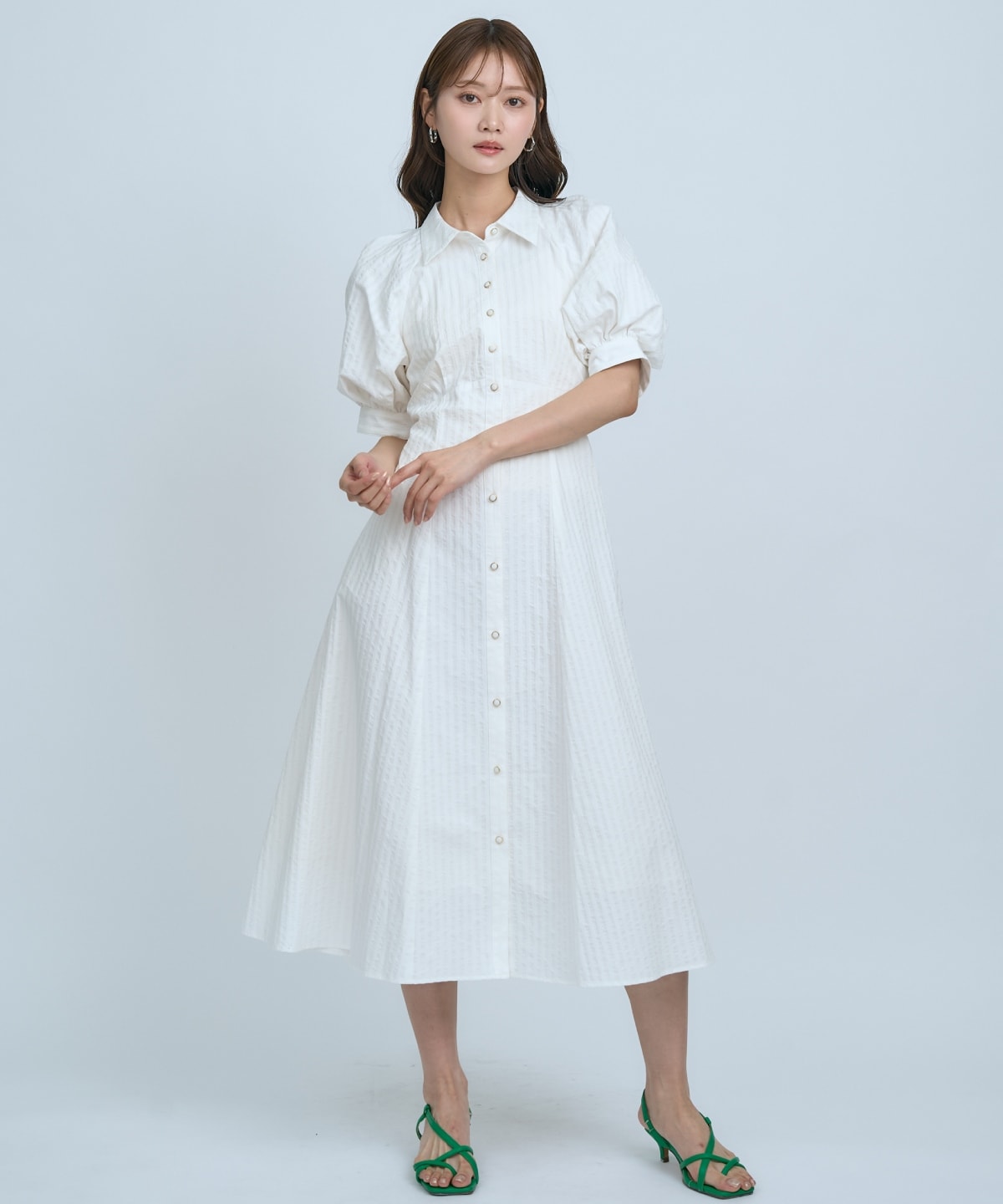 【先行予約受付中】ボリュームスリーブストライプワンピース