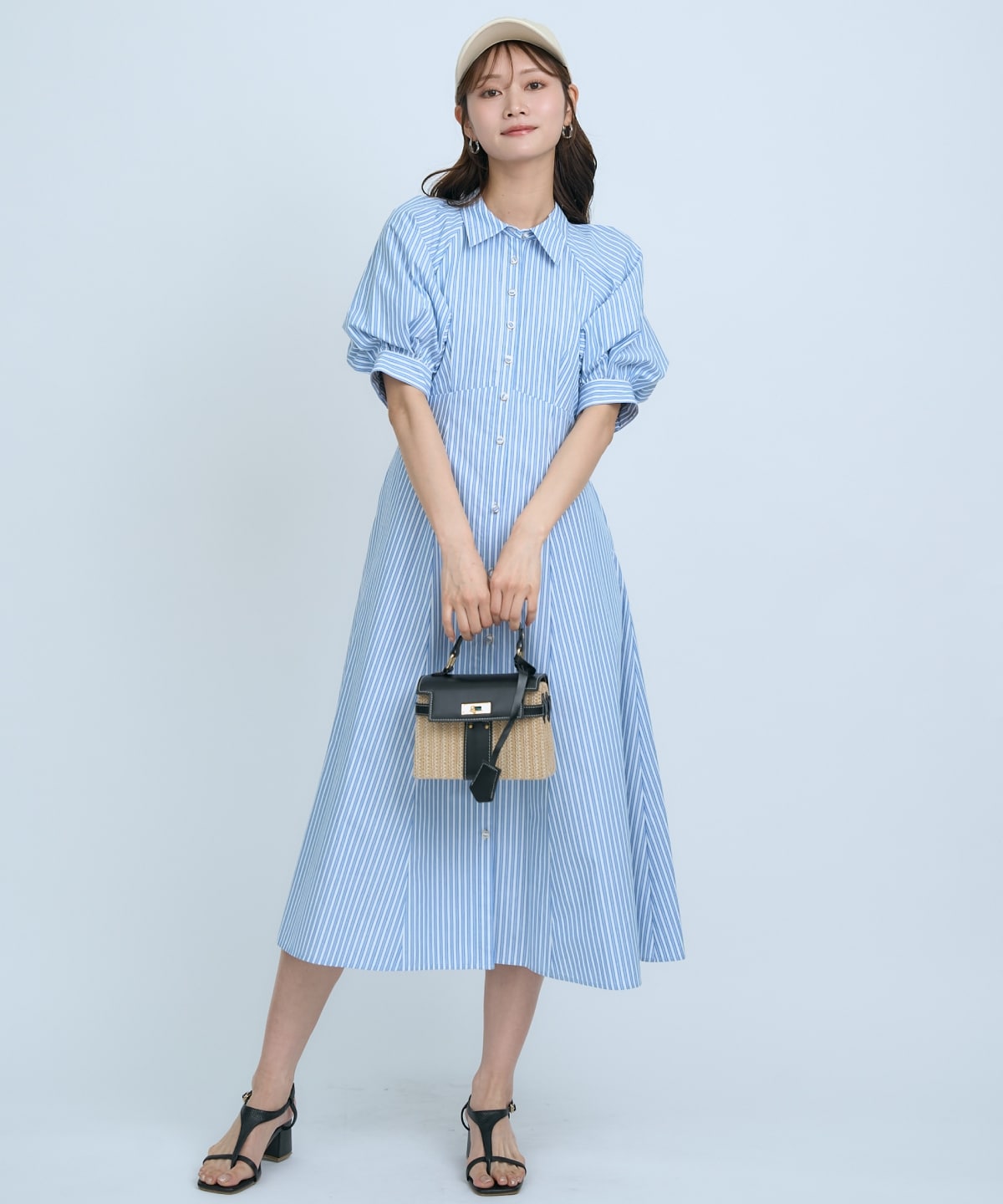 【先行予約受付中】ボリュームスリーブストライプワンピース