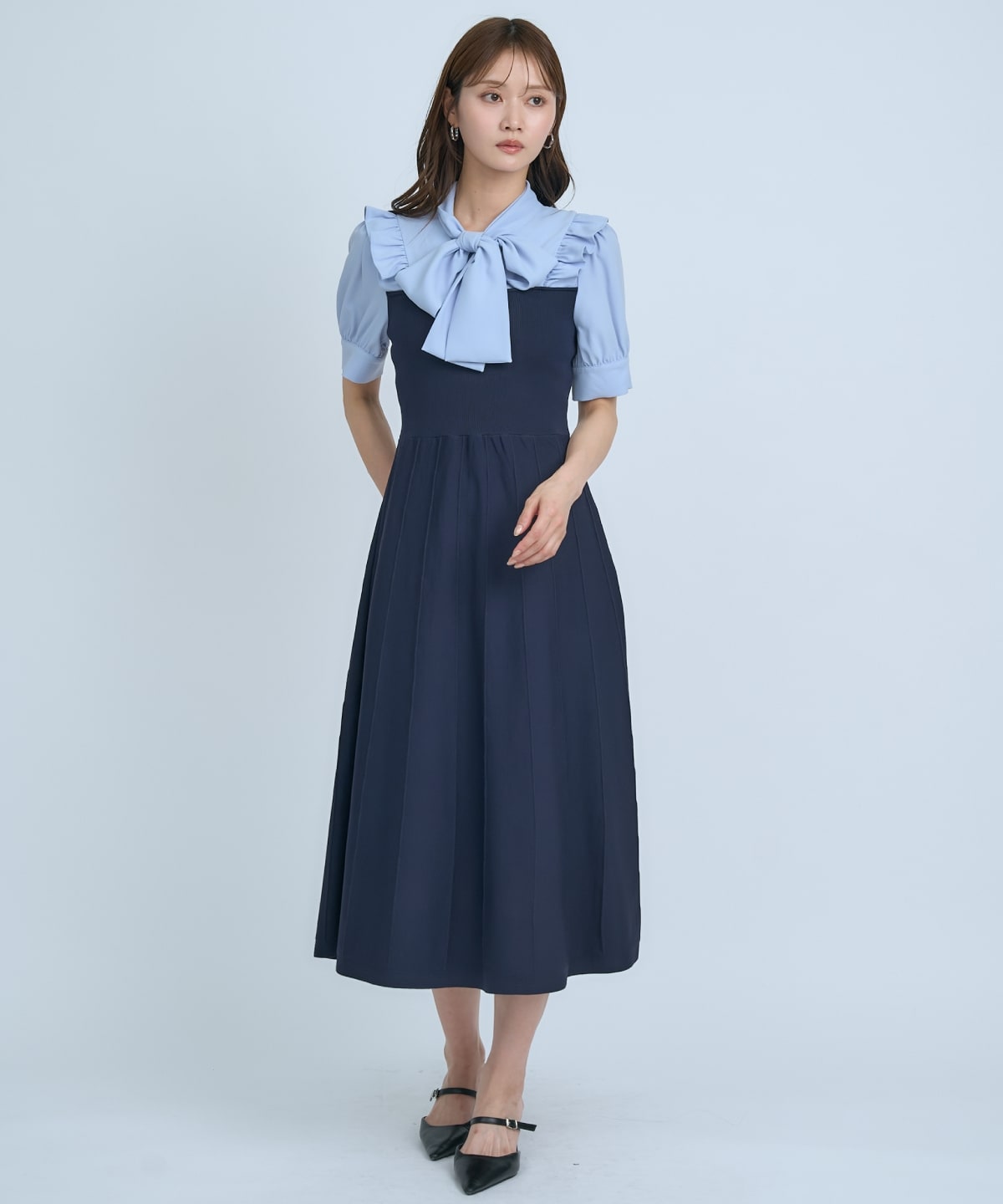 【先行予約受付中】ニットビスチェ風ボウタイワンピース