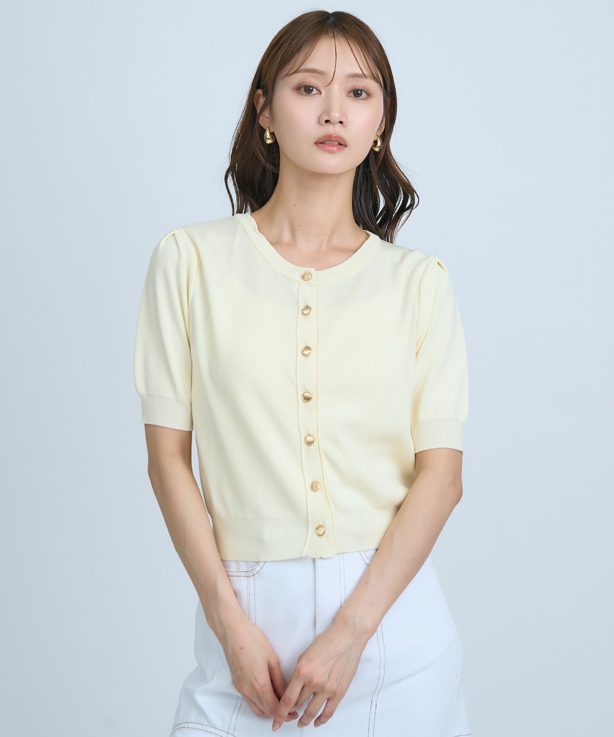 【先行予約受付中】異素材リボン半袖ニットカーディガン