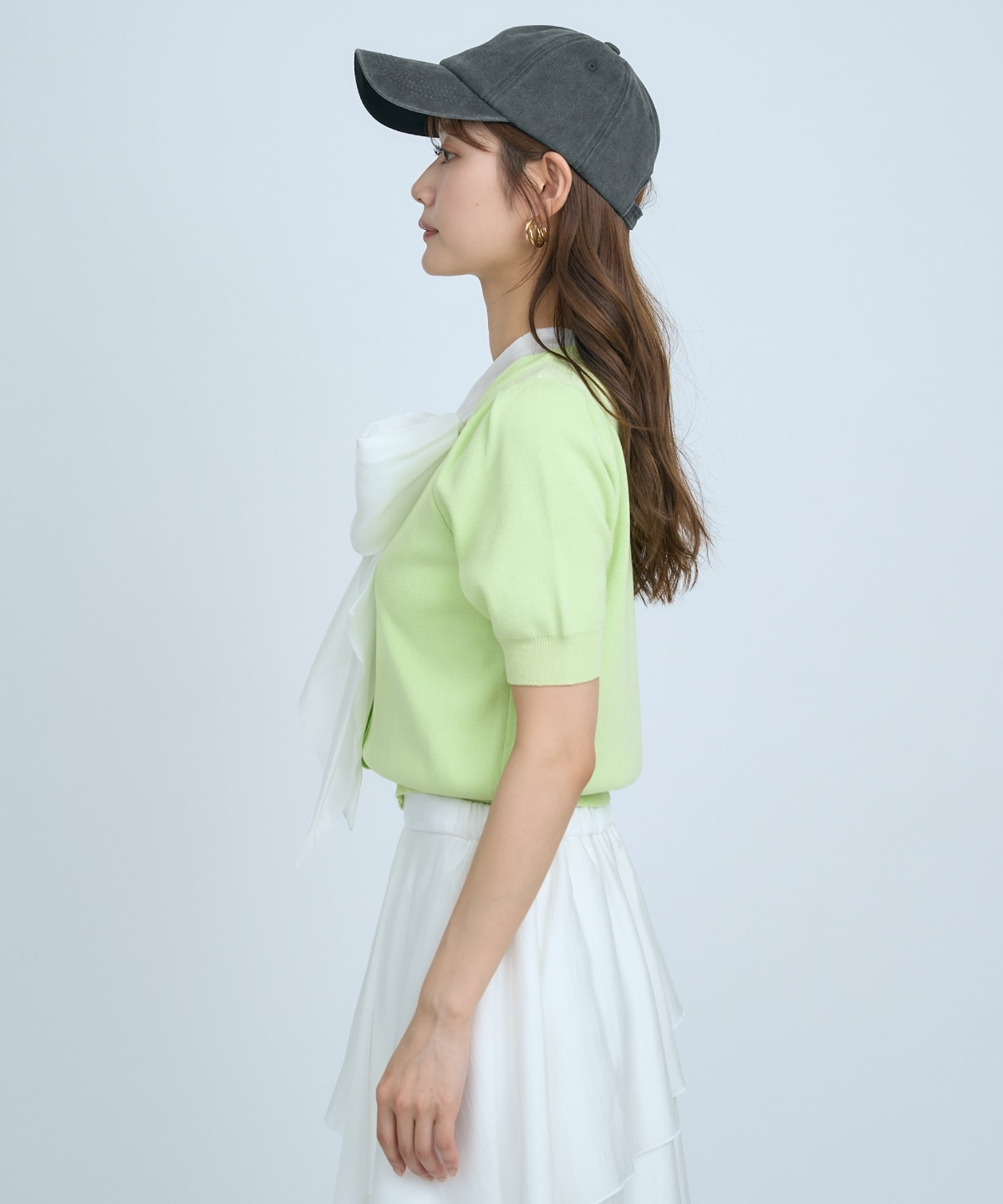 【先行予約受付中】異素材リボン半袖ニットカーディガン