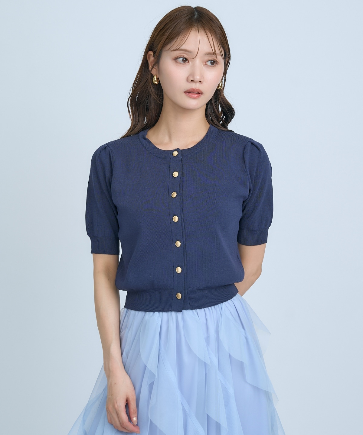 【先行予約受付中】異素材リボン半袖ニットカーディガン