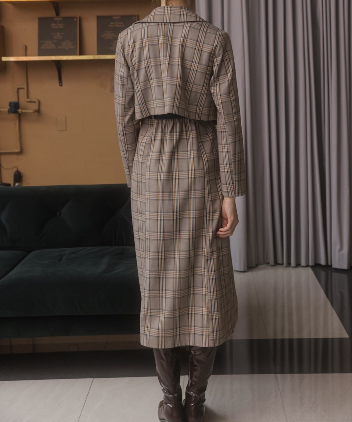 ショートジャケット タイトロングワンピースセット S ベージュ系チェック Redyazel 公式オンラインショップ バーンデストローズ