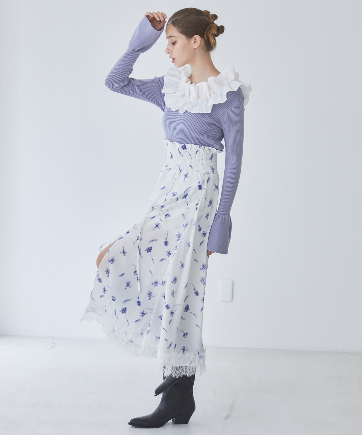 フェザープリントスリットスカショートパン