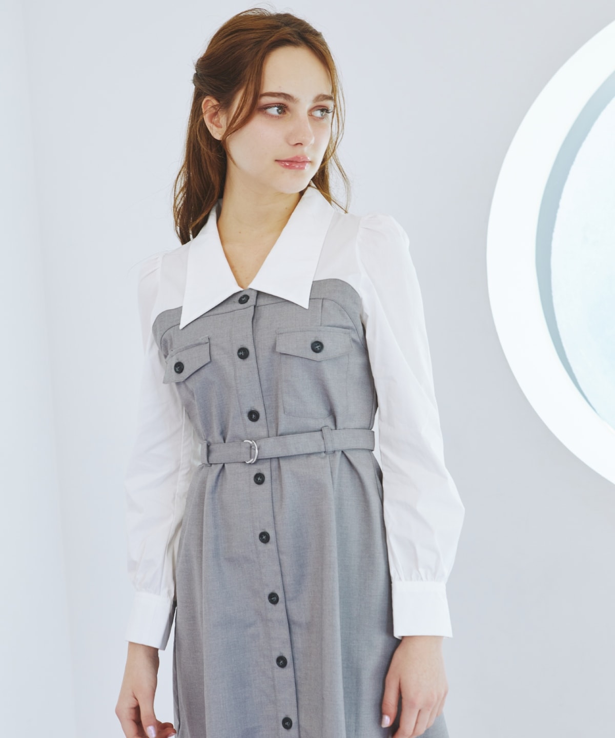 レイヤードデザインミニシャツワンピース