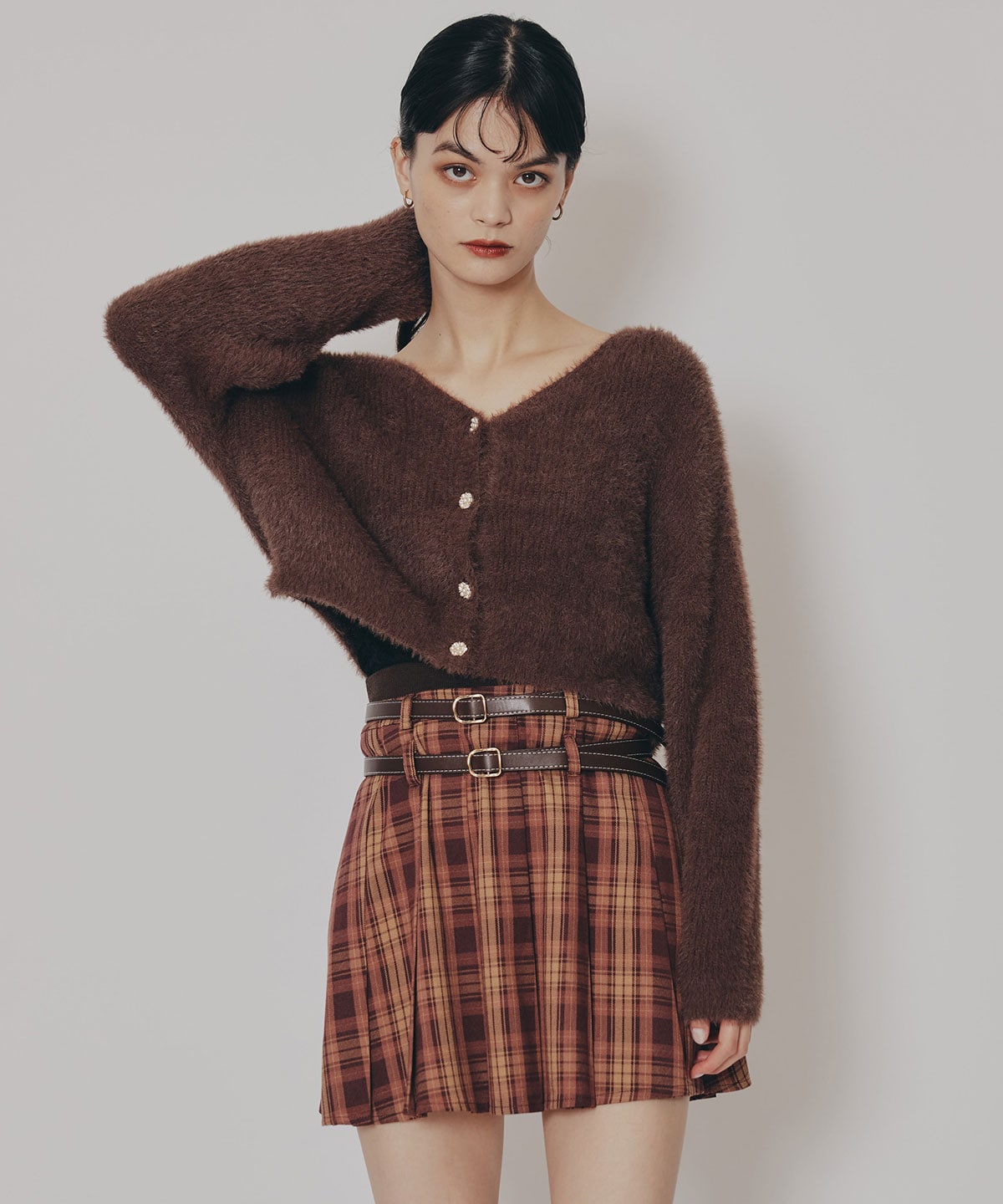 ダブルベルトチェックプリーツミニスカート