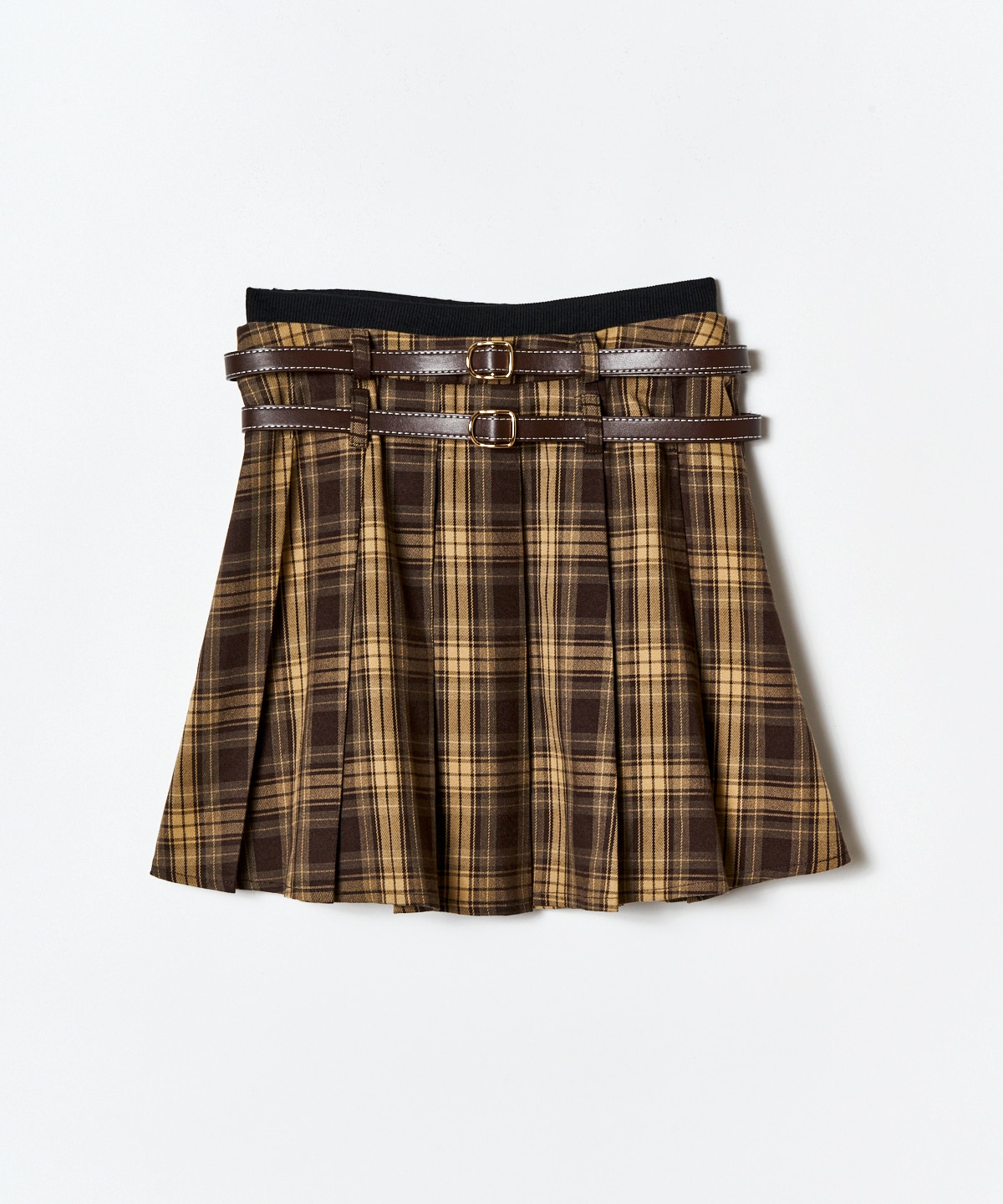 ダブルベルトチェックプリーツミニスカート