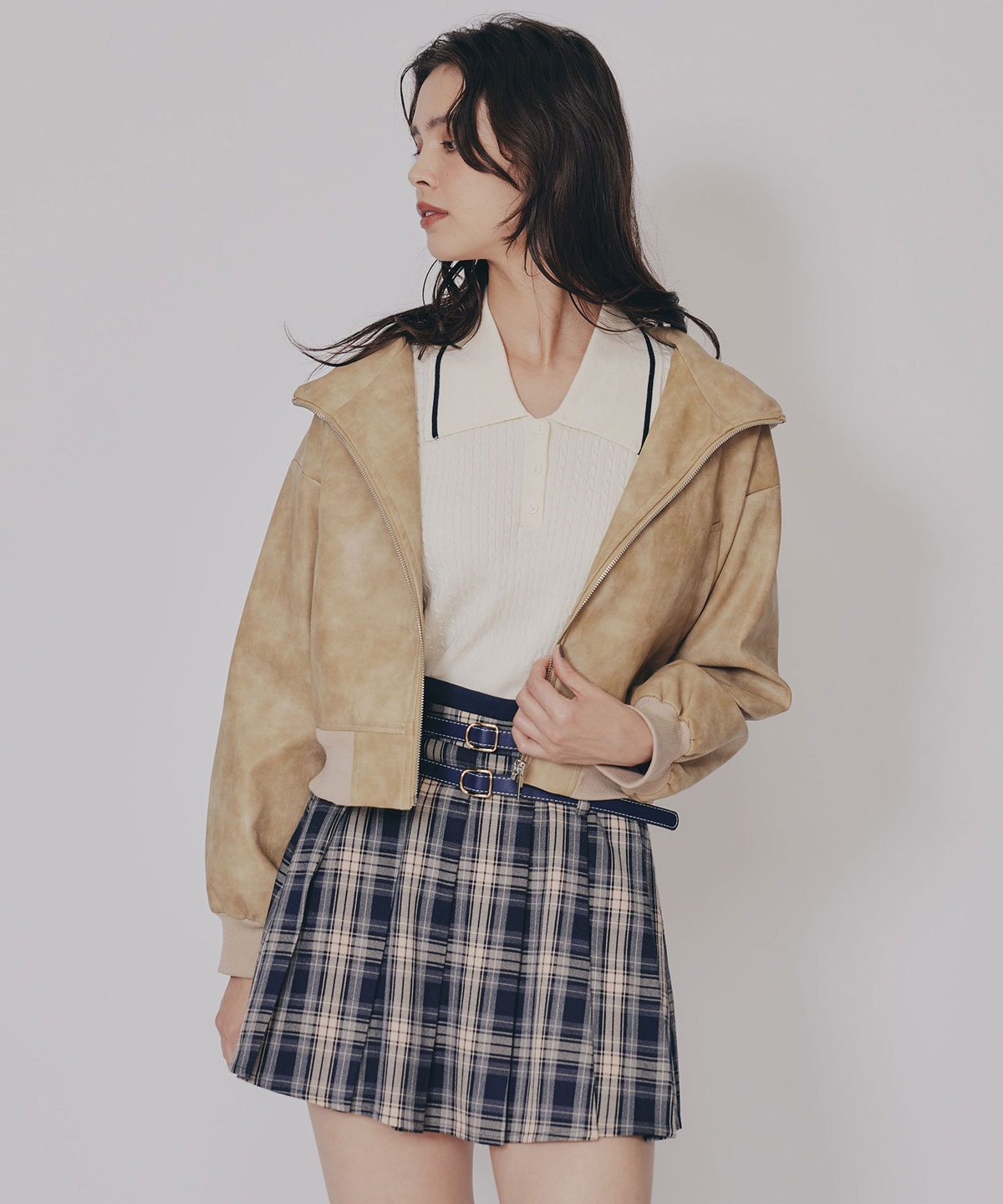 ダブルベルトチェックプリーツミニスカート