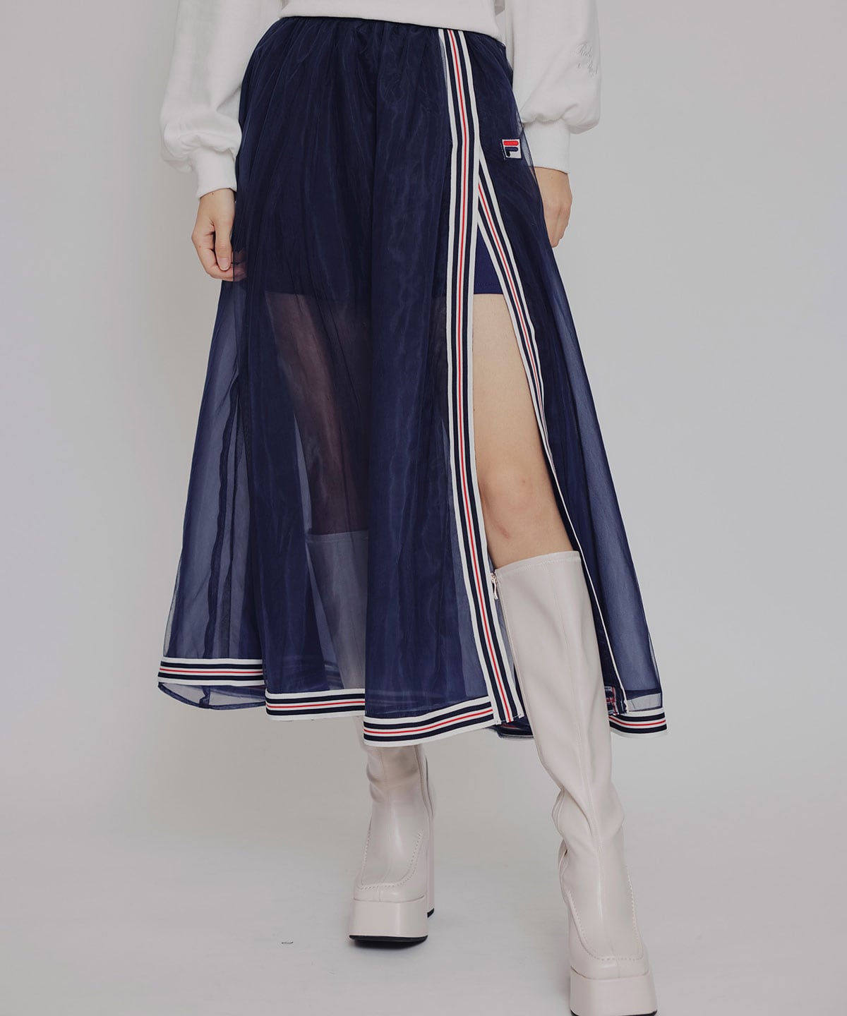 ［FILA×REDYAZEL］チュールレイヤードショートパンツ×トリコロールラインスリットロングスカート