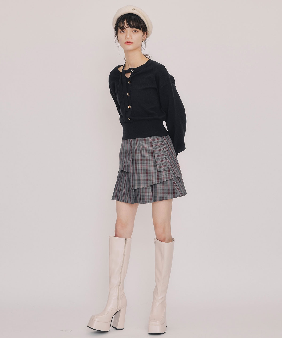 レイヤードライクチェックプリーツミニスカート