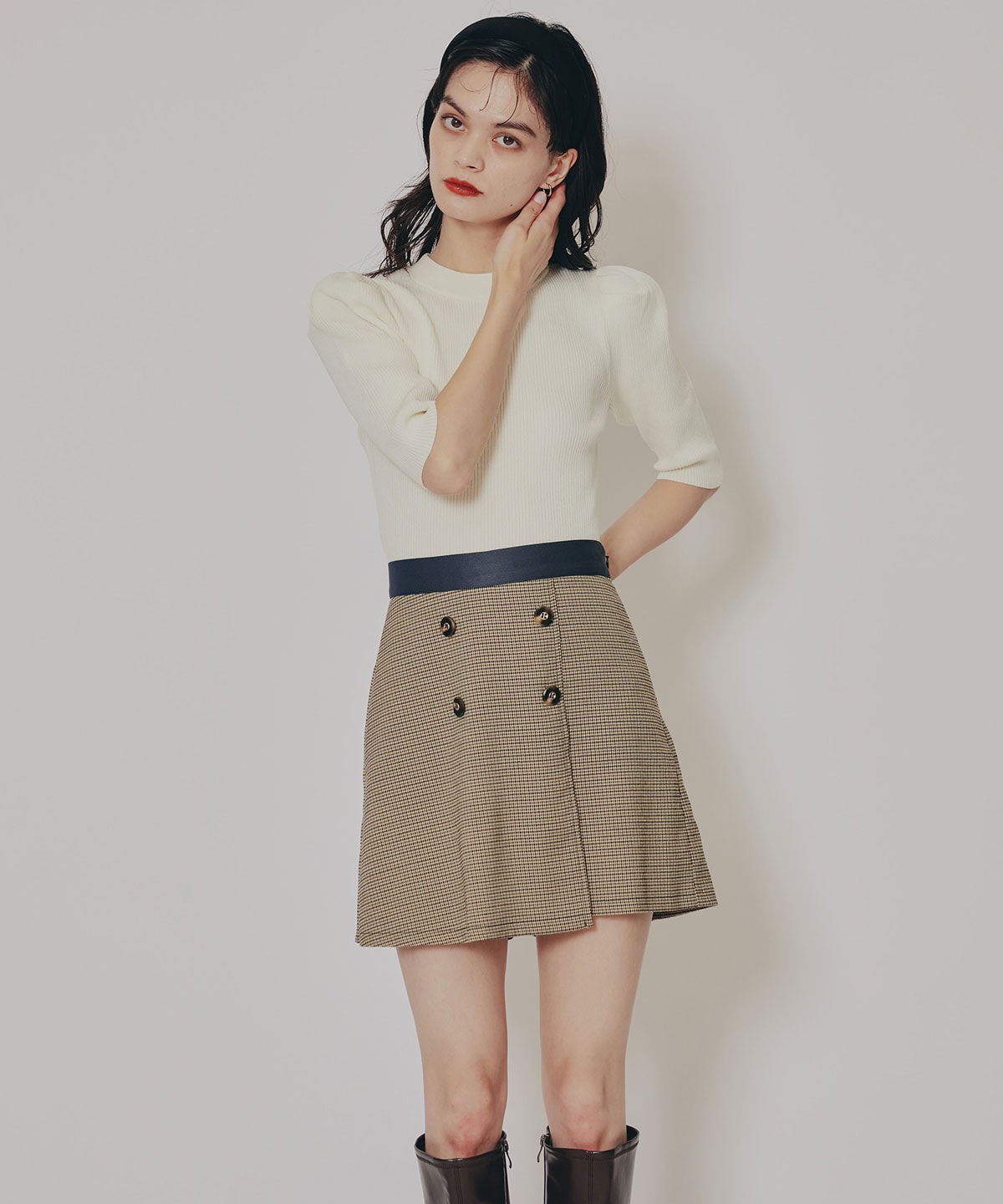 【セットアップ可能】グレンチェックミニラップスカートライクショートパンツ