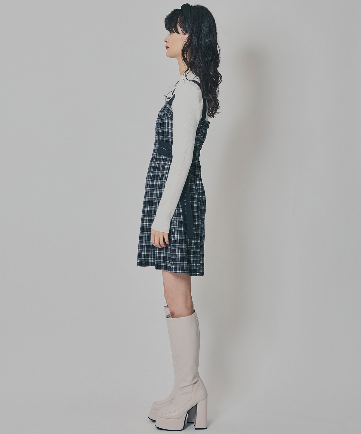 チェックショートジャケット×Wベルトワンピースセットアップ
