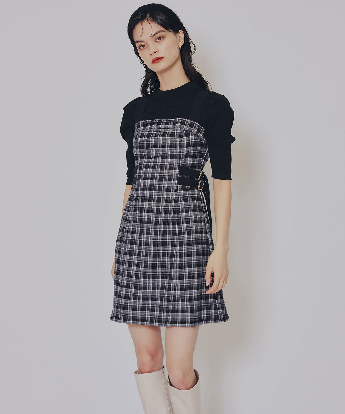チェックショートジャケット×Wベルトワンピースセットアップ
