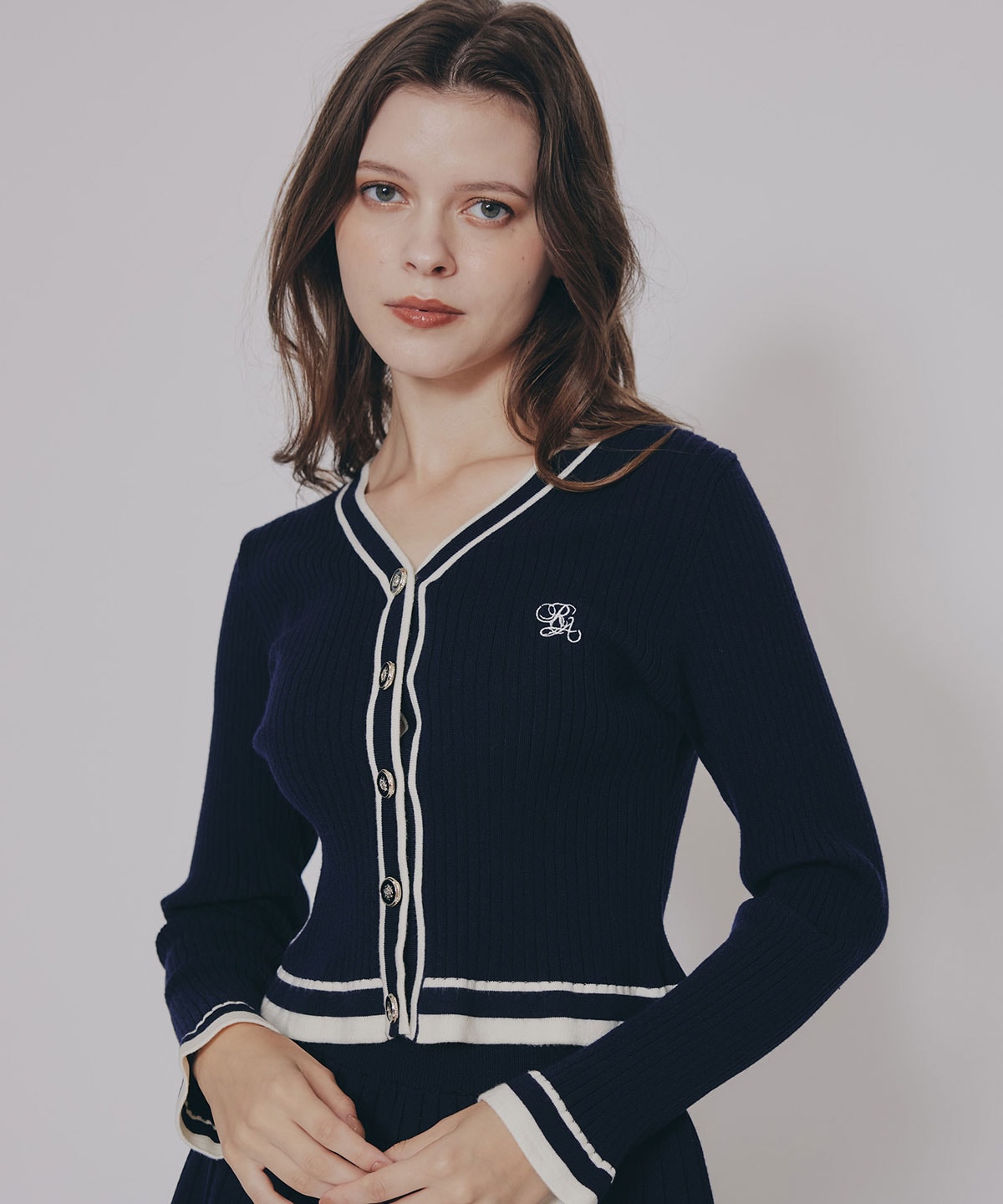 ラインスキームニットカーディガン×スカートセットアップ