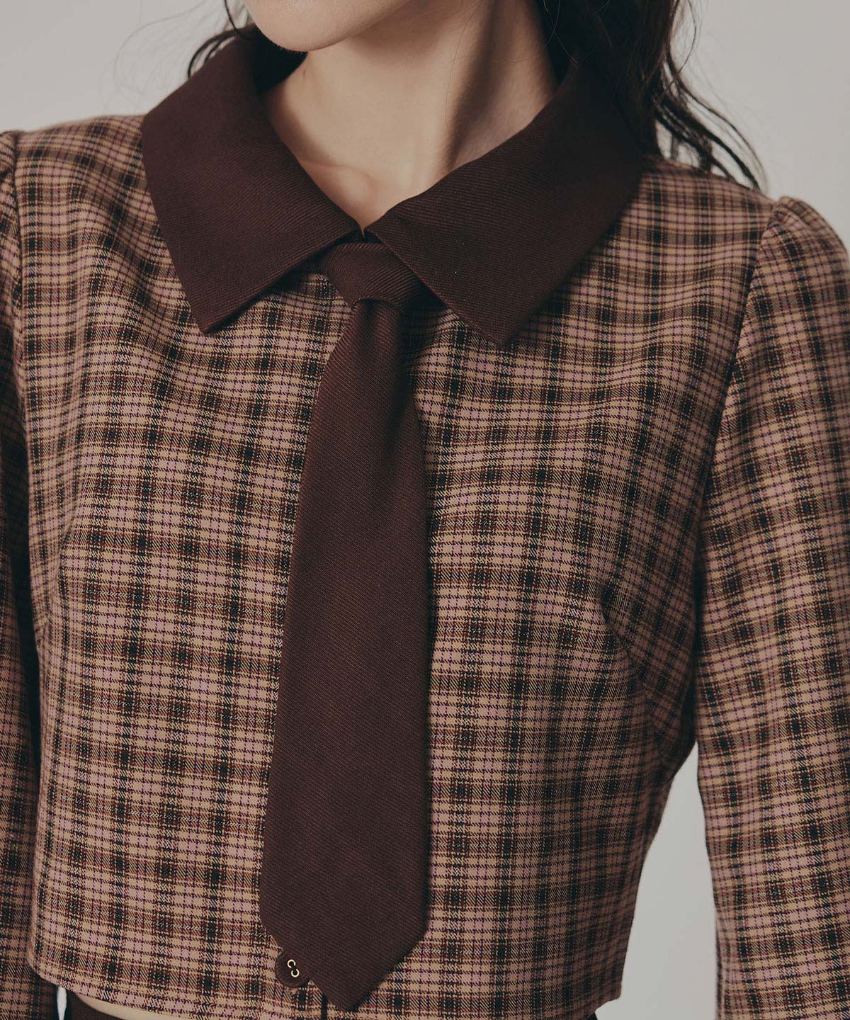 バイカラークラシックチェックブラウス×ミニスカートセットアップ