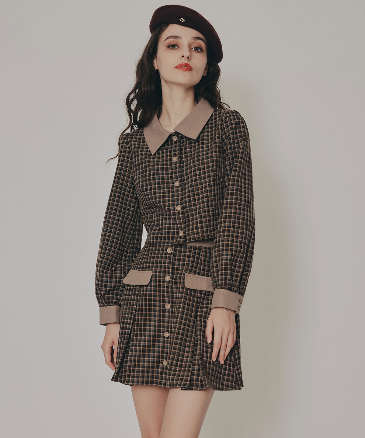 バイカラークラシックチェックブラウス×ミニスカートセットアップ