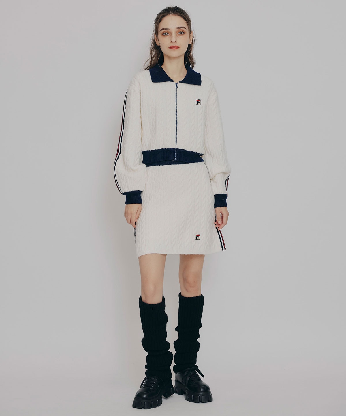 ［FILA×REDYAZEL］ケーブルニットトリコロールラインジャケット×タイトミニスカートセットアップ