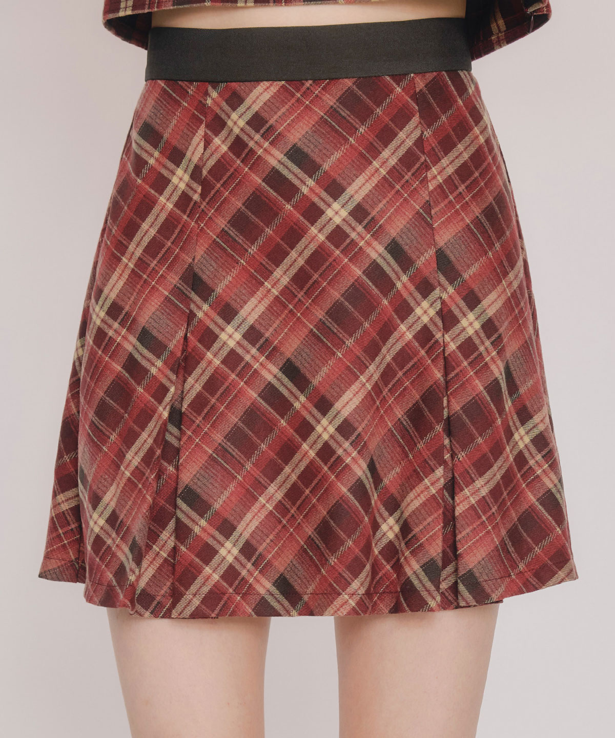 バイアスチェックショートブラウス×プリーツミニスカートセットアップ