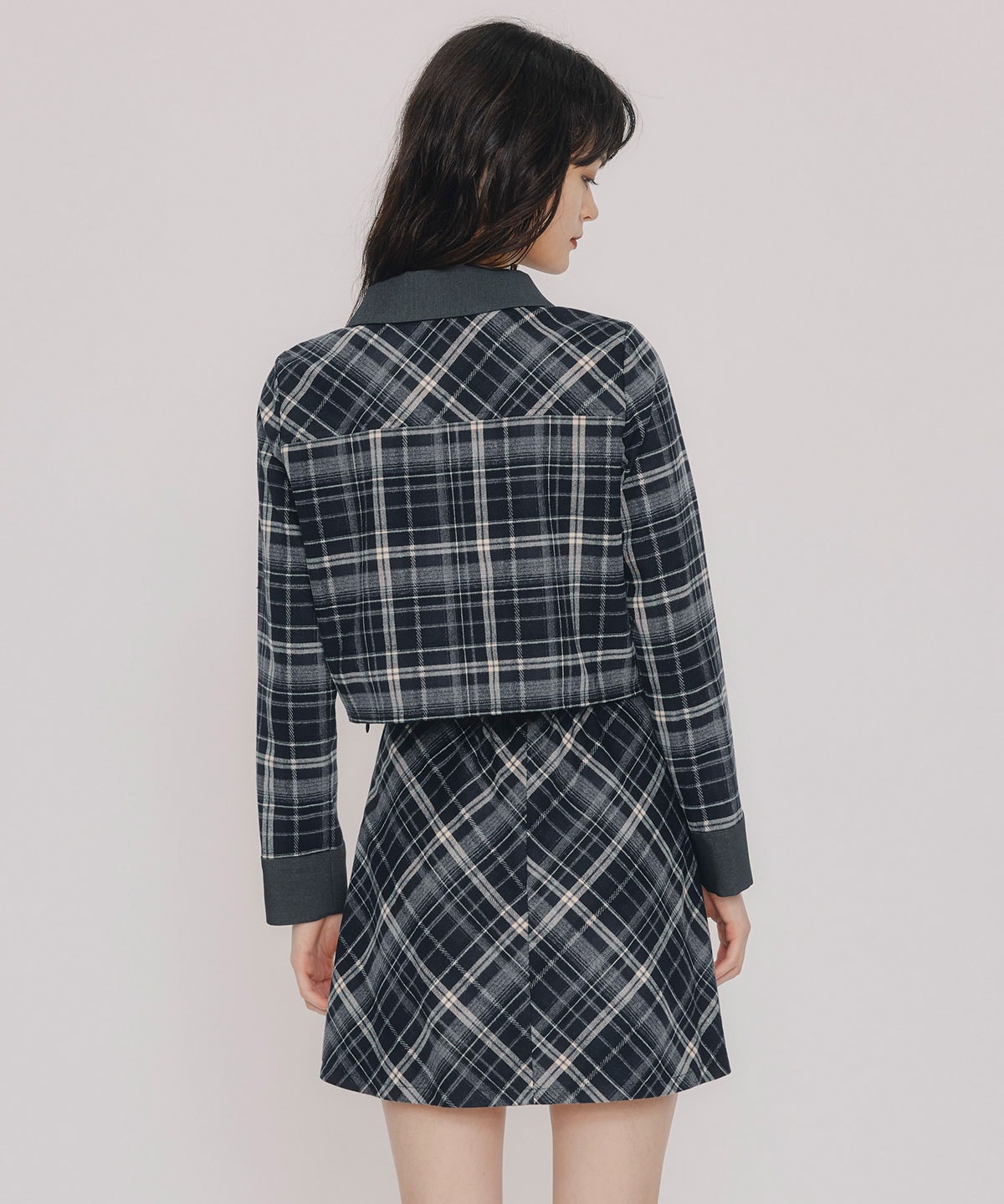 バイアスチェックショートブラウス×プリーツミニスカートセットアップ