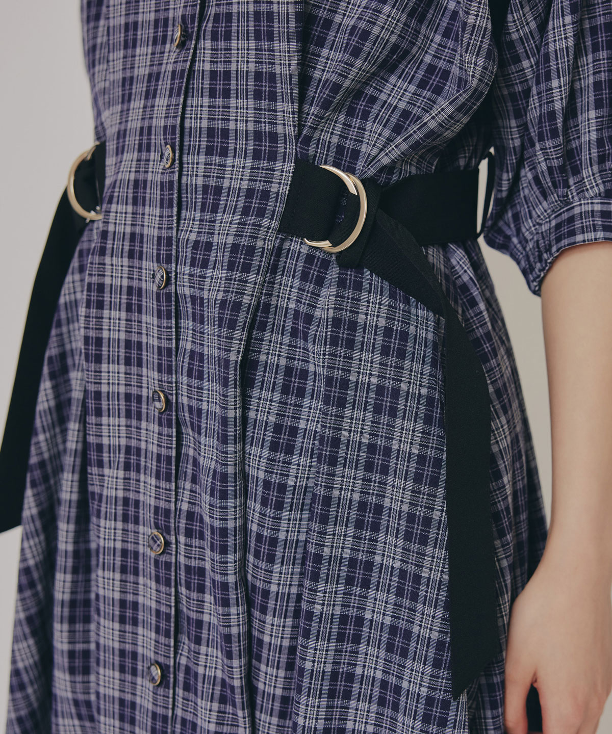 チェックバイカラーウエストベルトシャツワンピース