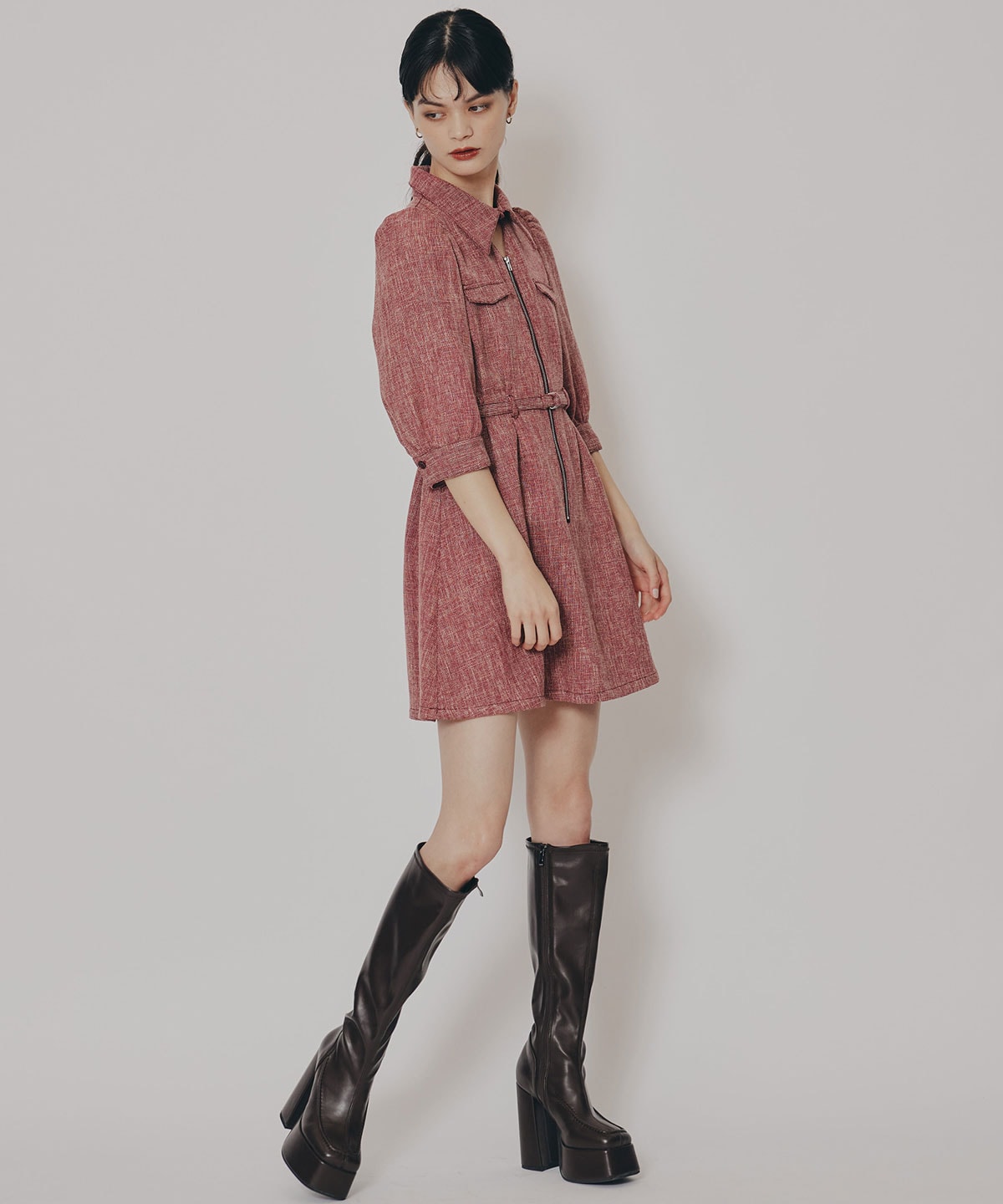 カラーミックスフロントZIPワンピース