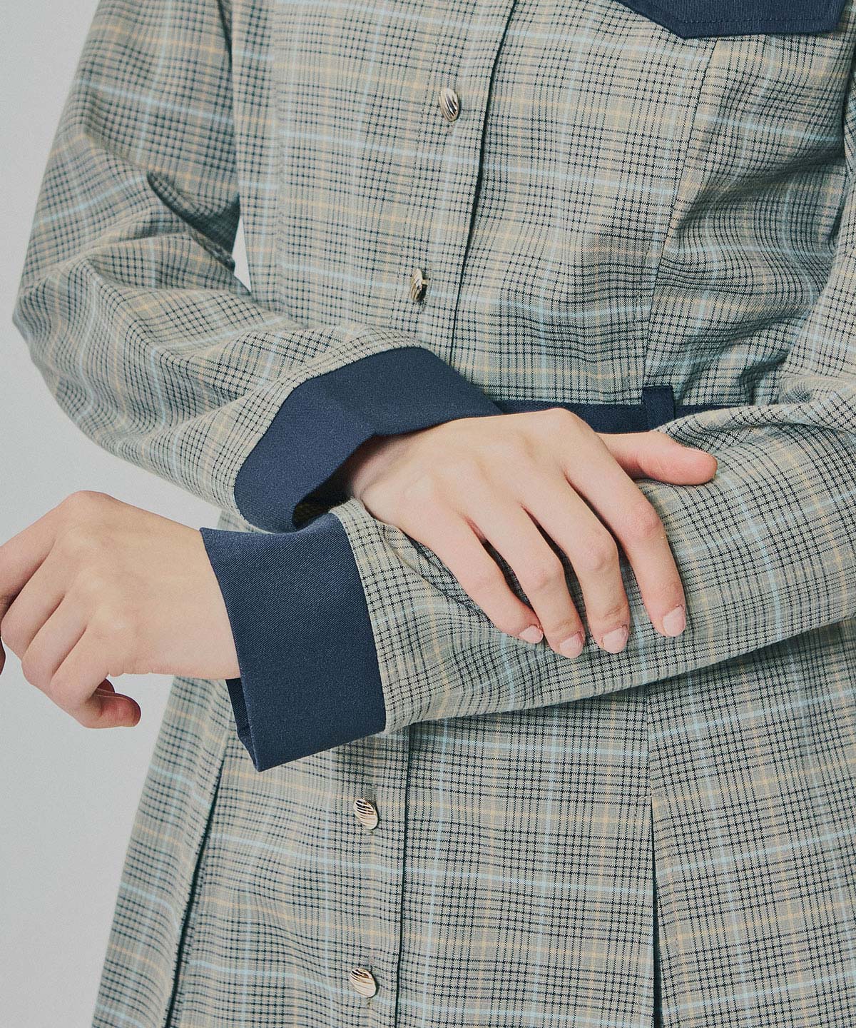 バイカラーチェックボックスプリーツシャツミニワンピース