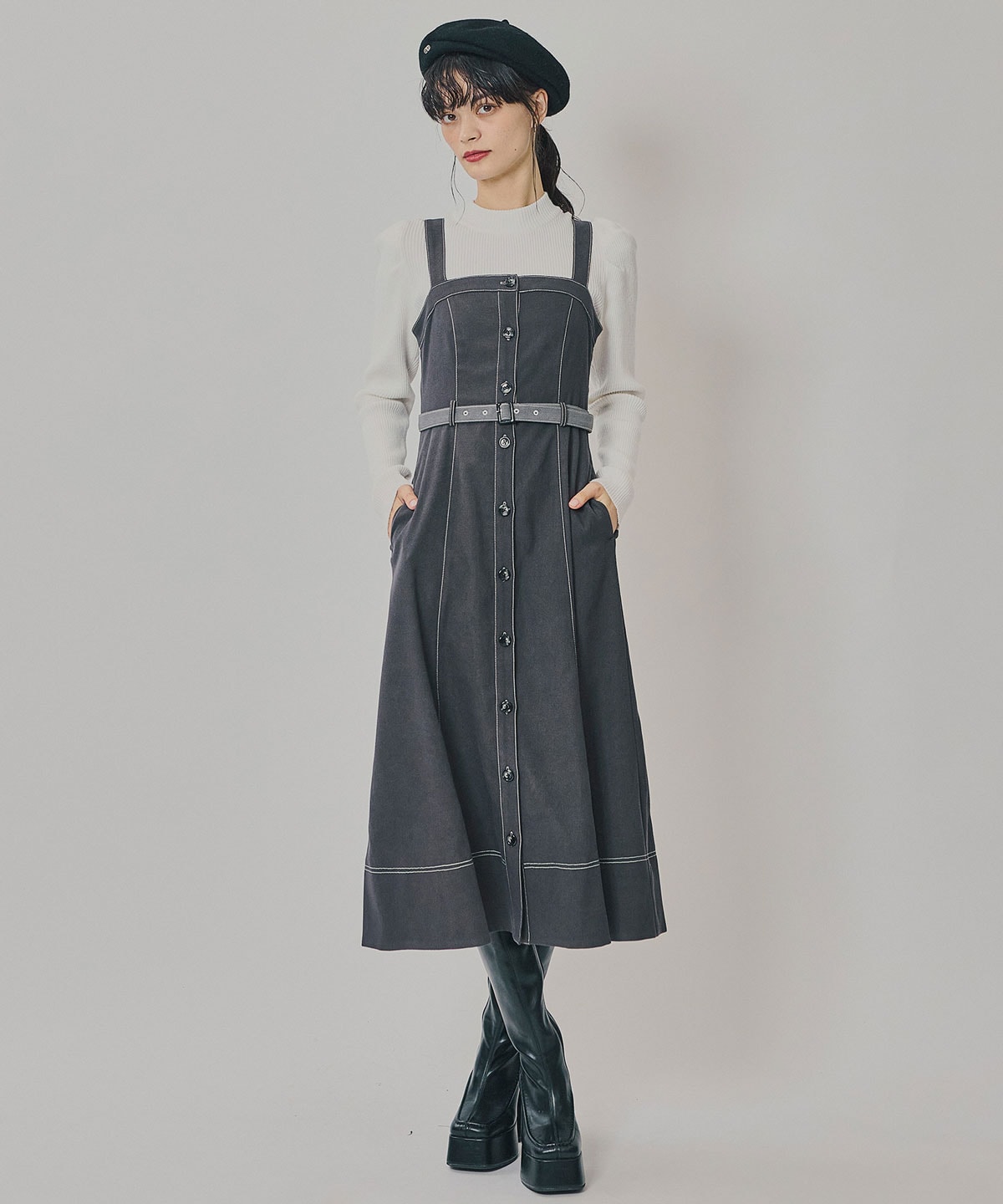 スエードライクショートジャケット×バイカラーワンピースセットアップ